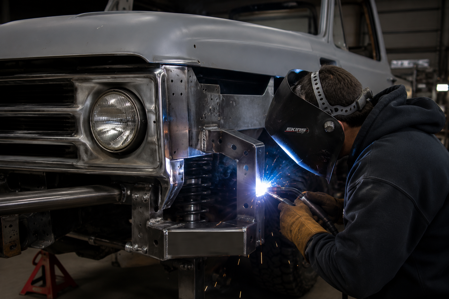 Custom automotive fabrication and welding on a classic truck at Ekins Garage