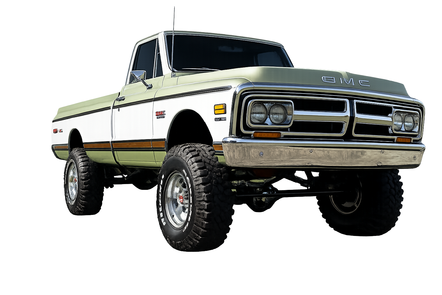 Lifted green classic truck with custom chassis and suspension